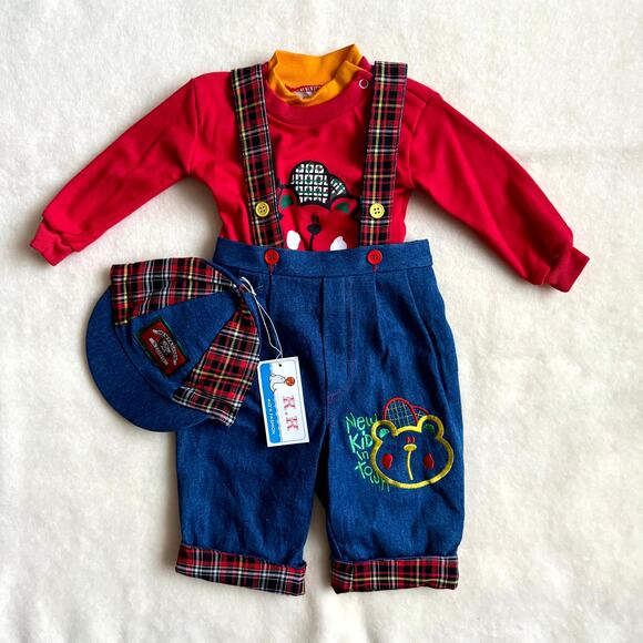 Vintage 90s K.K. Kid's Fashion 3-Piece Overall Set Unisex 6-9M Denim Plaid Bear - Picture 1 of 10